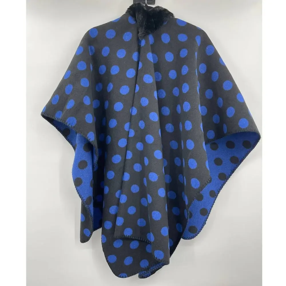 Loft Poncho Cardigan Faux Fur Trim Reversible Blue Black Polka Dots NEW Medium